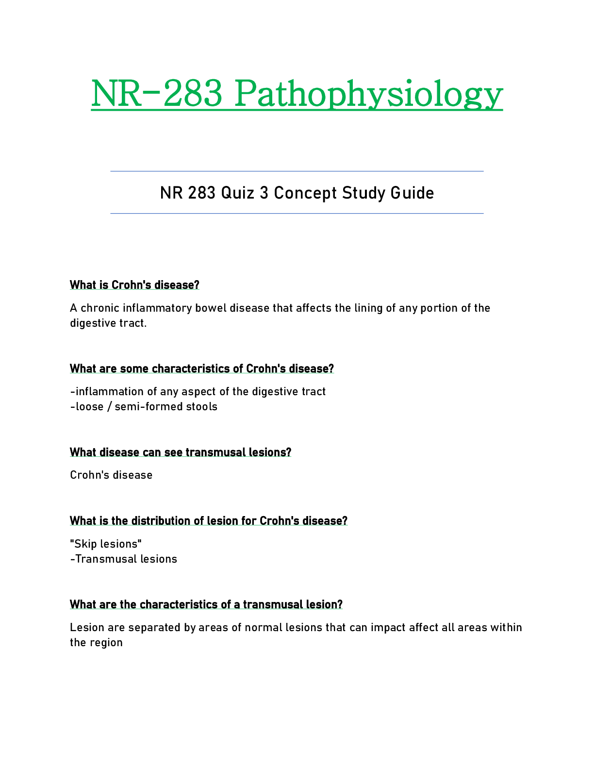 Preview of NR 283 / NR283 Quiz 3 Concept Study Guide Updated: Pathophysiology - Chamberlain